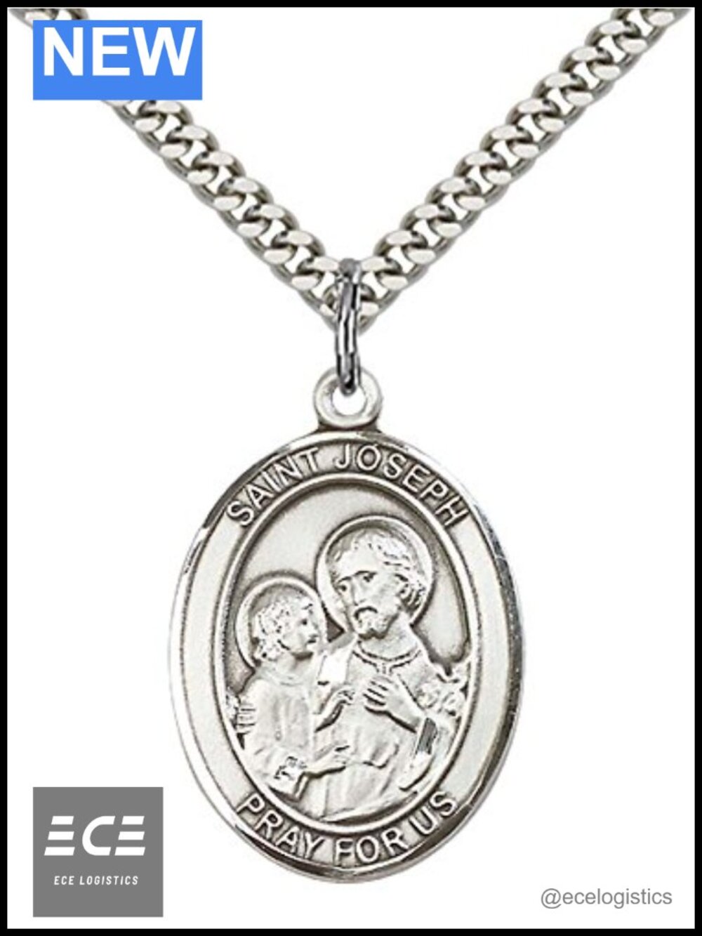 Sterling Silver St. Joseph Pendant Necklace 24 Inch Stainless Curb Chain